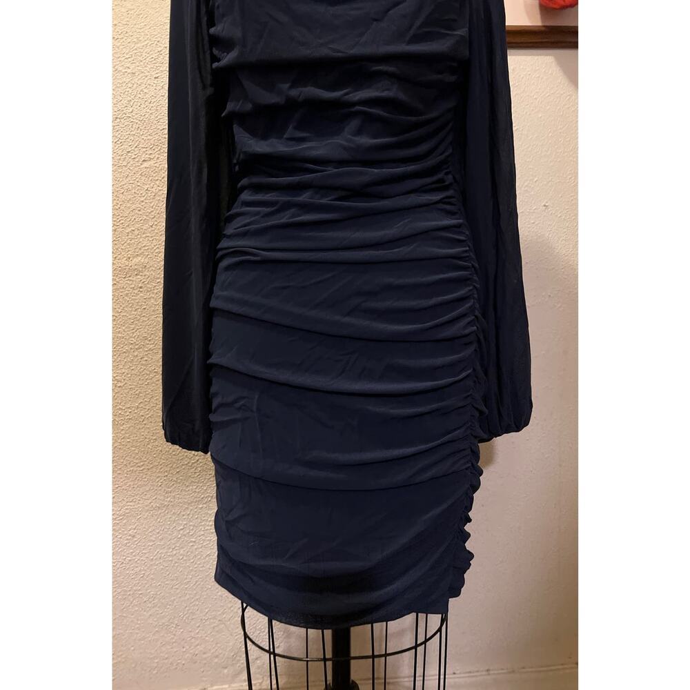 Fashion Square Neck Long Sleeve Ruched Bodycon Dress Blue Size XL - Picture 3 of 12